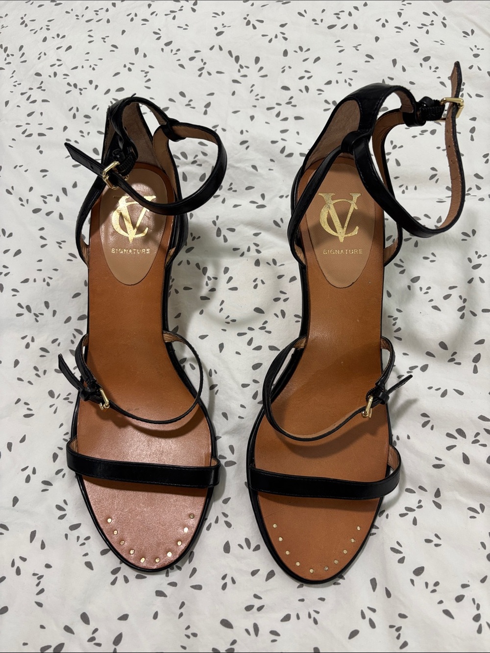 Signature Black Strappy Leather Heeled Sandals with Gold Accents